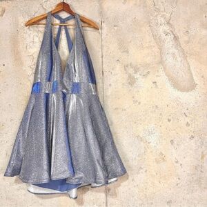 Alyce Paris lavender lilac purple shimmer v neck open back mini dress 24